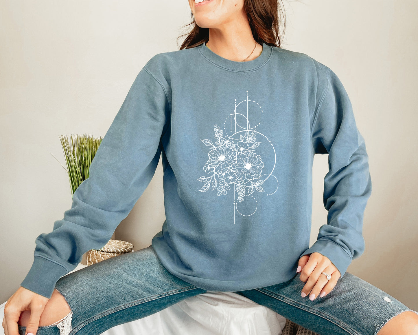 Geometric Floral Cotton Crewneck