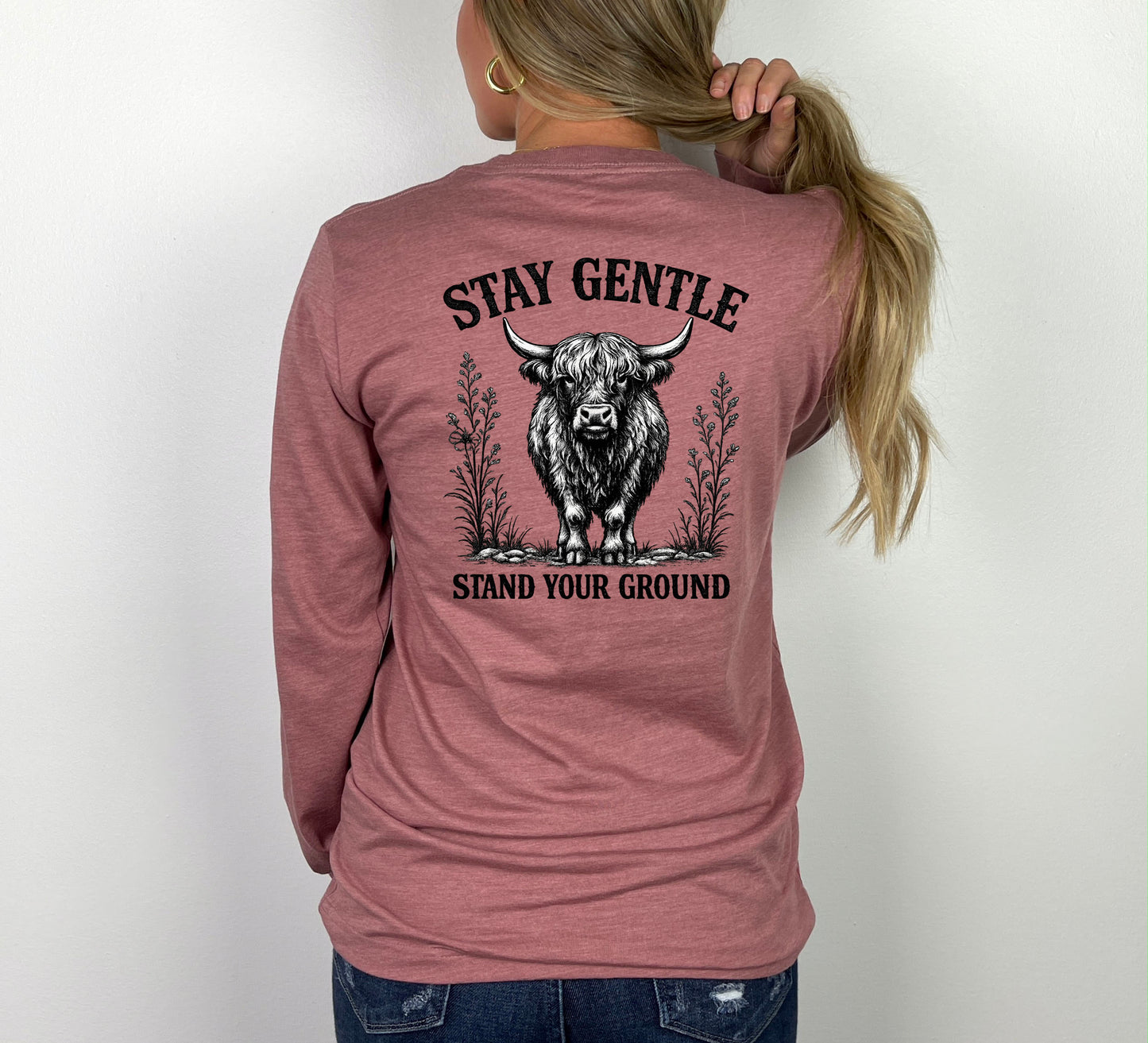 Stand Your Ground Long Sleeve Tee Back Design Highland Cow